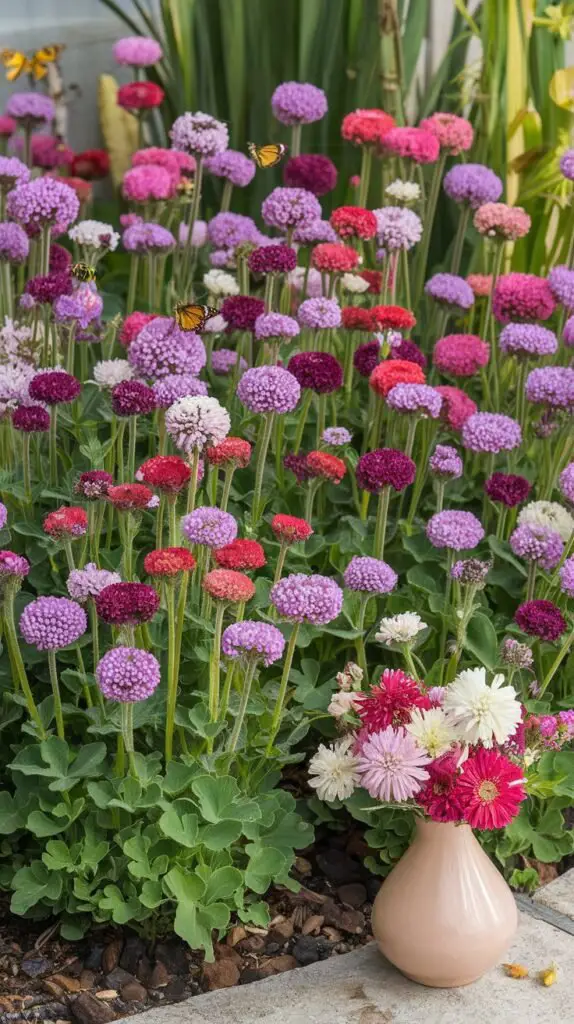 A vibrant garden bed filled with colorful Gomphrena flowers, showcasing their round, clover-like blooms in shades of purple, pink, red, and white. The flowers are standing tall in full sunlight, surrounded by pollinators like butterflies and bees. A few Gomphrena flowers are arranged in a small bouquet next to a vase, highlighting their use in fresh and dried floral arrangements.