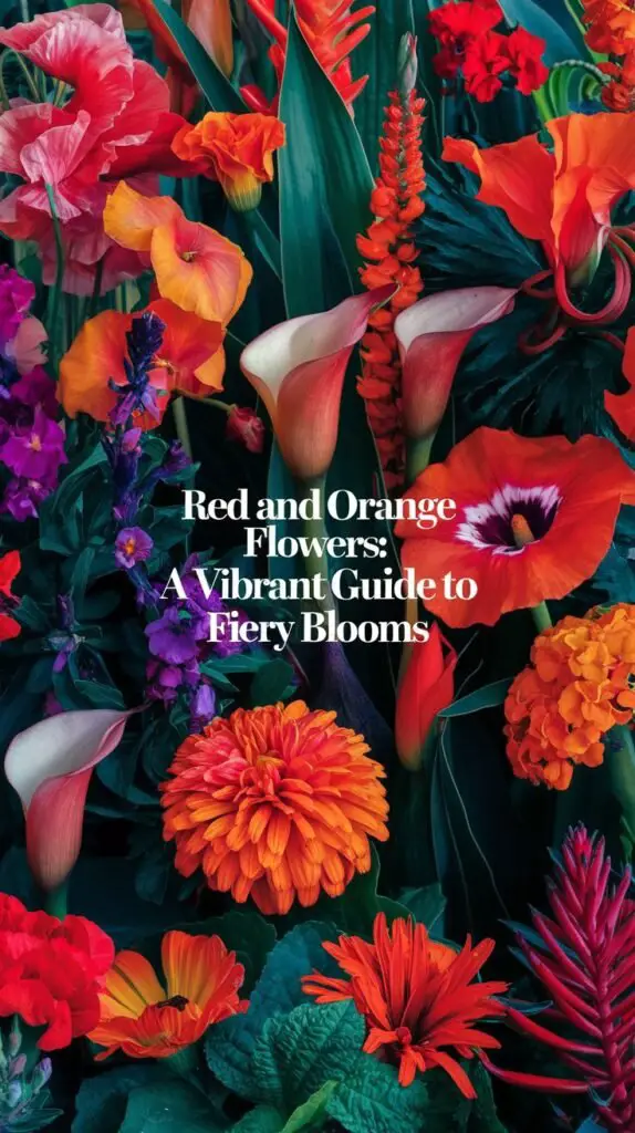 Create a vibrant garden scene filled with a mix of bold red and orange flowers. The garden should feature a variety of blooms such as poppies, begonias, calla lilies, ranunculus, and lantana. The design should emphasize a fiery, energetic atmosphere, with complementary plants like deep green foliage to enhance the rich colors. Add contrasting flowers in purple or yellow for visual interest, and capture a wildflower meadow or tropical garden look for added depth. Include text overlay: 'Red and Orange Flowers: A Vibrant Guide to Fiery Blooms.