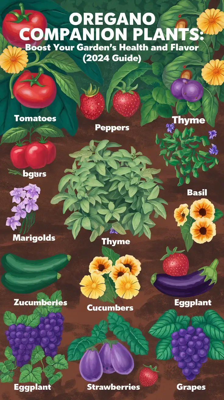 A vibrant garden scene showcasing 'Oregano Companion Plants: Boost Your Garden's Health and Flavor (2024 Guide).' The central focus is oregano, with surrounding plants like tomatoes, peppers, basil, thyme, marigolds, cucumbers, zucchini, eggplant, strawberries, and grapes. Each plant should be clearly depicted with visual cues that suggest harmony and growth, such as healthy vines and fruits. The text 'Oregano Companion Plants' is displayed at the top, with the 2024 guide subtitle. The layout should be educational and visually engaging, showing the positive effect of companion planting in a healthy garden