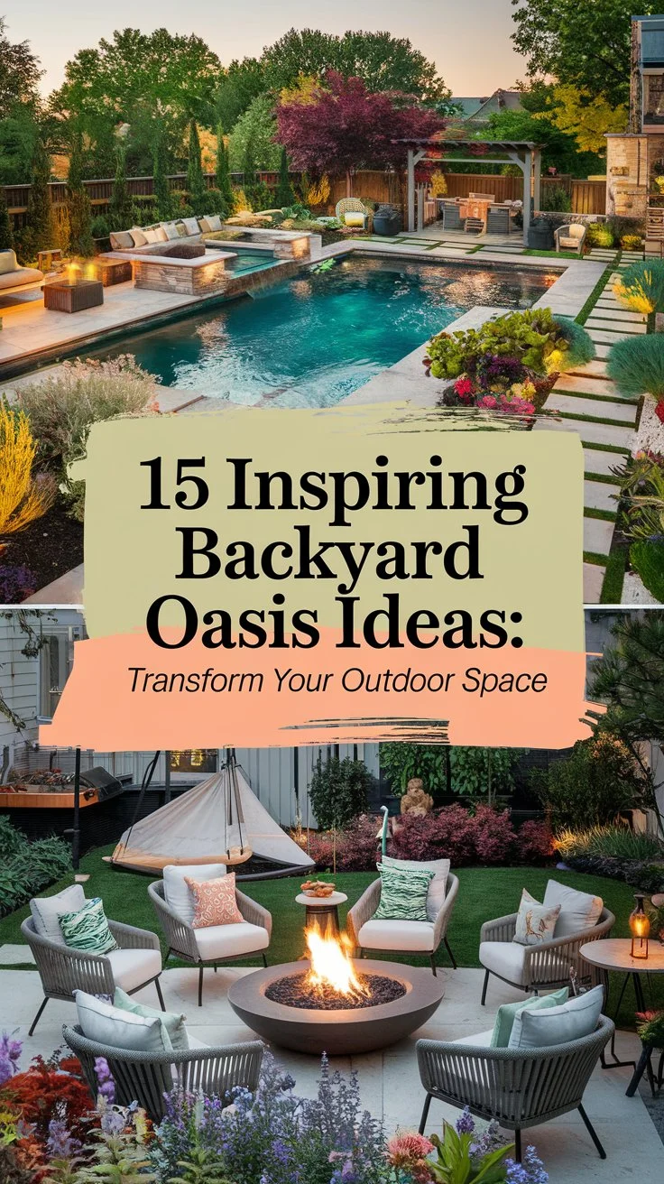 A vibrant outdoor scene showcasing a stunning backyard oasis, complete with a sparkling swimming pool, lush greenery, and colorful flower beds. The setting features cozy seating areas with cushions, a stylish fire pit surrounded by chairs, and beautiful ambient lighting to create a warm atmosphere. Include elements like a hammock, decorative garden statues, and potted plants to enhance the inviting vibe. The text overlay reads '15 Inspiring Backyard Oasis Ideas: Transform Your Outdoor Space' in a bold, eye-catching font, with a palette of soft greens, blues, and warm earth tones to evoke a sense of tranquility and relaxation.