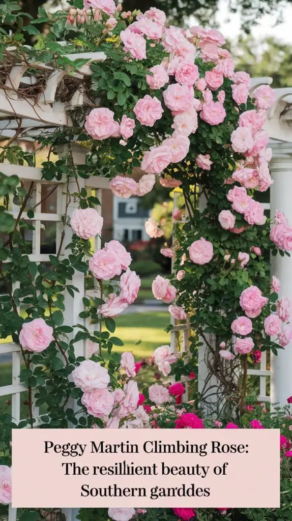 The Peggy Martin Rose is a vigorous, thornless climbing rose known for its resilience and prolific pink blooms.