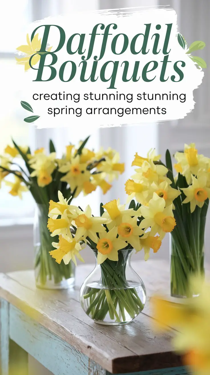 A vibrant, spring-themed image featuring a beautiful arrangement of bright yellow daffodils in a clear vase, set on a rustic wooden table. The scene captures the freshness and joy of spring, with soft sunlight streaming in from the background. The daffodil bouquets are elegantly arranged, radiating a sense of warmth and natural beauty. The text overlay says 'Daffodil Bouquets: Creating Stunning Spring Arrangements' in a stylish, modern font, with soft yellow and green tones to complement the flowers. The overall mood should be light, fresh, and inviting.