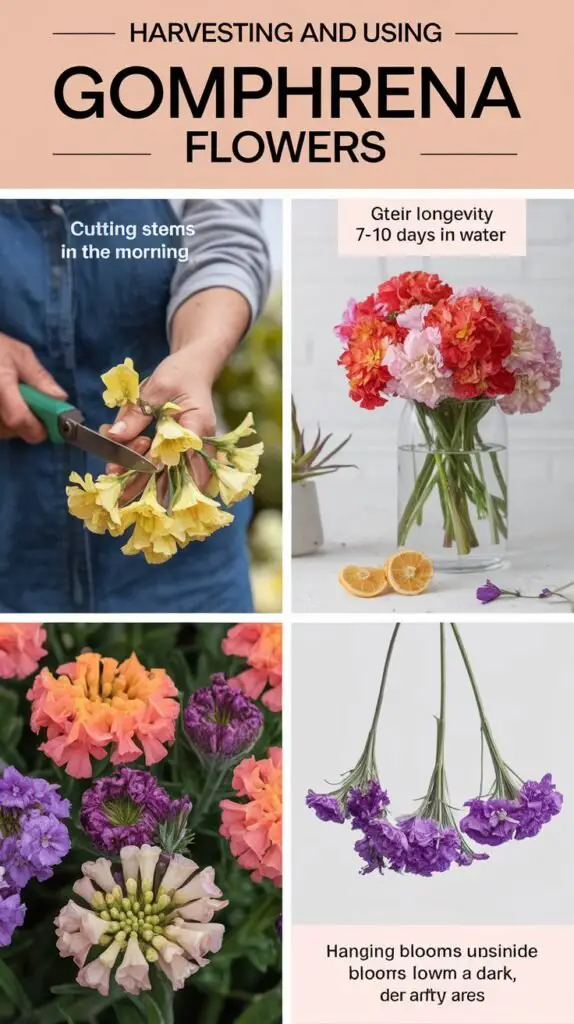 A visual guide to harvesting and using Gomphrena flowers. The first section shows a gardener cutting stems in the morning, with fully opened blooms. The second section features a vase with Gomphrena flowers, highlighting their longevity of 7-10 days in water. The third section illustrates the drying process: hanging blooms upside down in a dark, dry area. The background includes vibrant Gomphrena flowers.