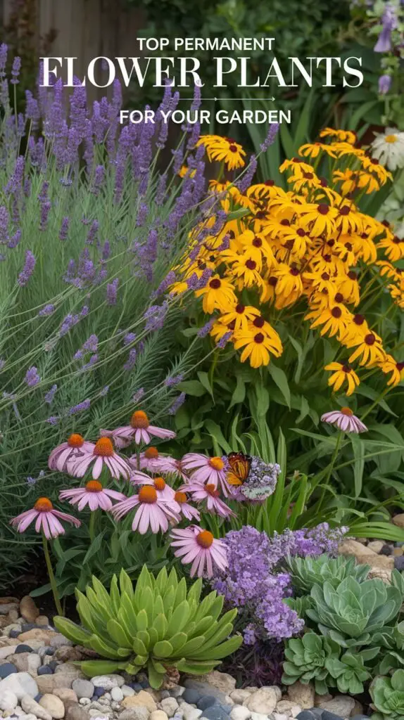 An eye-catching image of a well-designed garden featuring perennial flowers like lavender, black-eyed Susans, daylilies, coneflowers, and sedum. The vibrant lavender blooms sway against the breeze, bright yellow-black-eyed Susans stand tall, and various colorful daylilies and coneflowers pop in contrast to the lush greenery. Succulent sedum in a rock garden adds texture, while pollinators like butterflies and bees are attracted to the scene. The image text reads, 'Top Permanent Flower Plants for Your Garden,' with informative plant care details subtly included in a stylish font.