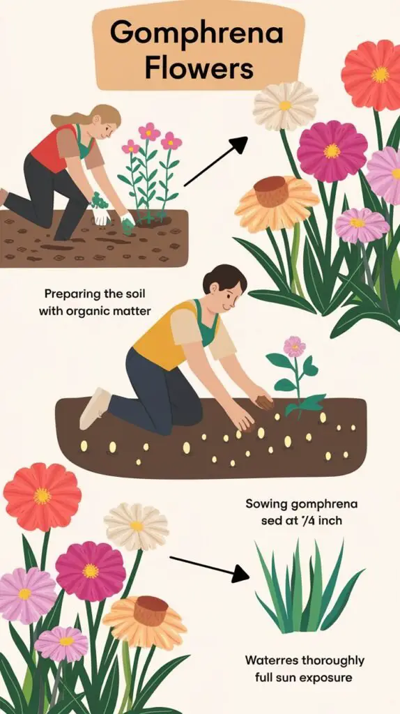 An illustrated planting guide for Gomphrena flowers. The first section shows a gardener preparing the soil with organic matter. The second section depicts sowing Gomphrena seeds into the soil at a depth of 1/4 inch. The third section highlights the importance of watering thoroughly and ensuring full sun exposure. The background features vibrant Gomphrena blooms in various colors, adding visual interest.