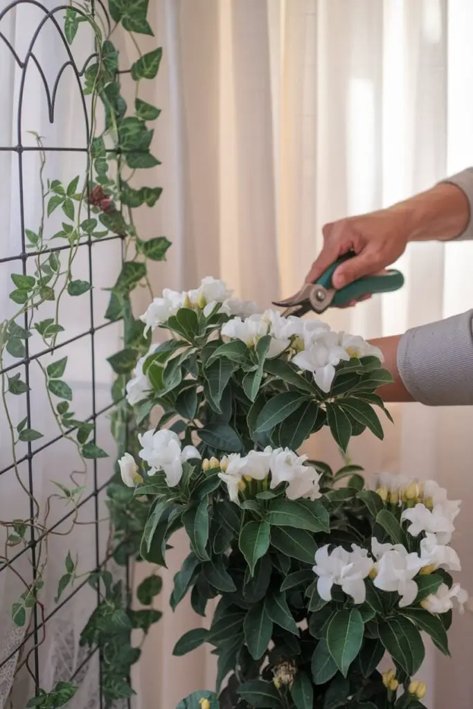 An indoor jasmine plant with delicate white flowers being pruned by a gardener. The gardener is trimming back branches to maintain the plant's shape, while pinching off new tips to encourage bushy growth. A nearby jasmine vine is trained on a decorative trellis, with soft sunlight filtering through a window. The scene emphasizes proper care techniques for encouraging more blooms.