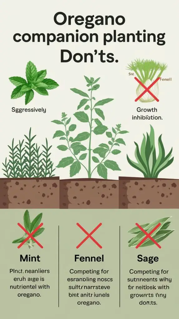 An informative and visually appealing image highlighting the 'Oregano Companion Planting Don'ts.' The image should feature a garden scene with oregano in the center, and icons or illustrations of mint, fennel, and sage with red 'X' marks over them. Mint is shown spreading aggressively, fennel with an aura indicating growth inhibition, and sage competing for nutrients with oregano. The text 'Oregano Companion Planting Don'ts' should be clear at the top, with smaller text describing why each plant is not suitable for planting with oregano. The overall design should be instructive and easy to understand for gardeners.