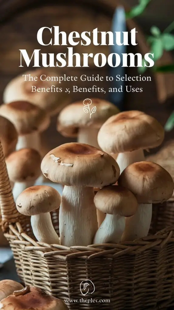 Design a Pinterest pin centered around chestnut mushrooms, with a warm, rustic theme. Feature a close-up of fresh, earthy-brown chestnut mushrooms arranged in a wicker basket or wooden tray, hinting at their natural setting. Use soft lighting to bring out their texture and earthy tones. The text overlay should read: Chestnut Mushrooms: The Complete Guide to Selection, Benefits, and Uses in a clean, approachable font. Add small, subtle icons like a cutting board, knife, or a leafy accent to suggest their culinary and health benefits, creating an inviting pin for food lovers and wellness enthusiasts.