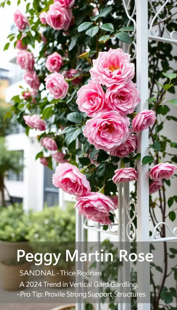 The Peggy Martin Rose is a vigorous, thornless climbing rose known for its resilience and prolific pink blooms.