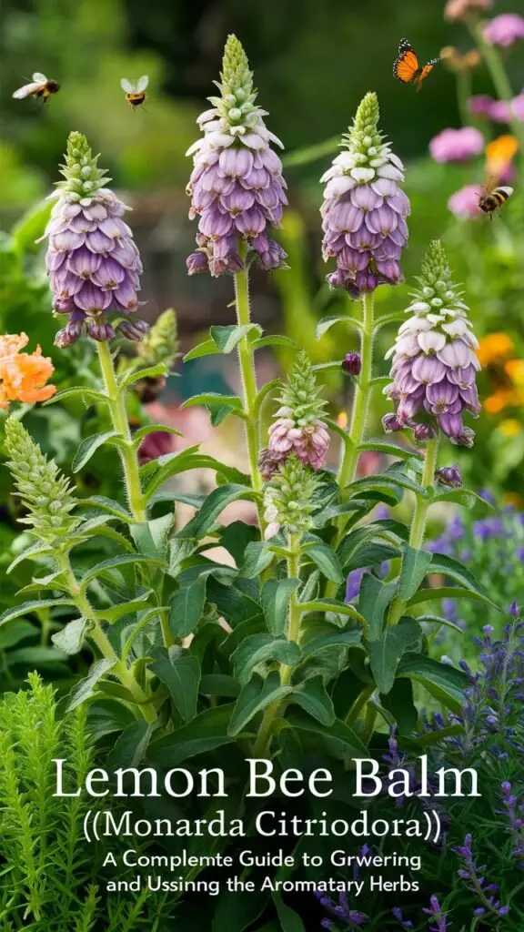 Lemon Bee Balm (*Monarda citriodora*) is an aromatic herb with lavender-pink blooms and a strong lemon scent, attracting pollinators and often used in teas and culinary dishes.