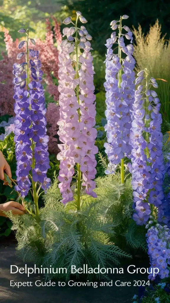 Delphiniums are tall, elegant perennials with spiky blooms in shades of blue, purple, pink, or white, thriving in full sun and well-drained soil, often used for adding height and color to garden borders.