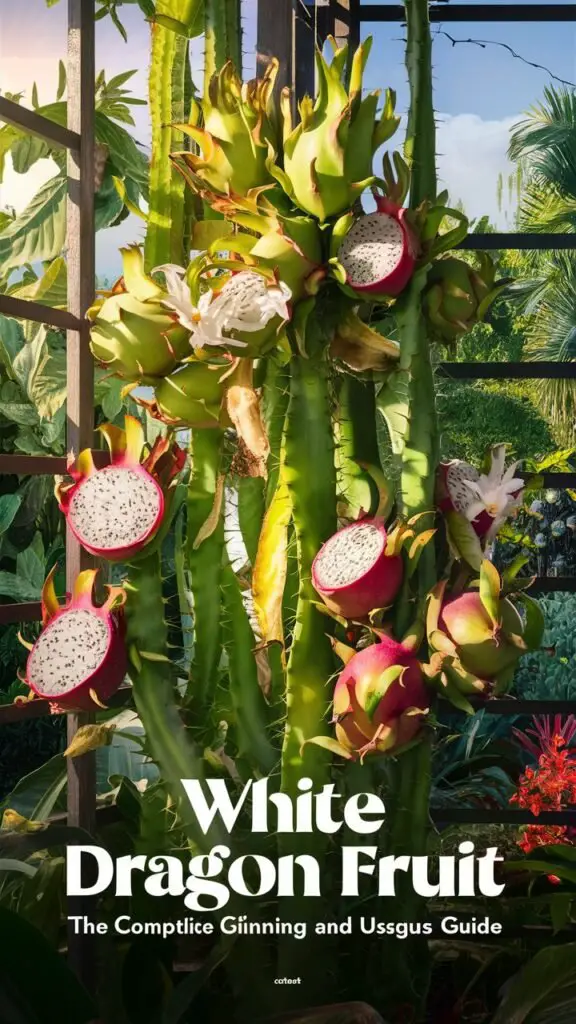 White dragon fruit (*Hylocereus undatus*) is a tropical fruit with a vibrant pink skin and white, mildly sweet flesh speckled with small black seeds, known for its striking appearance and health benefits.