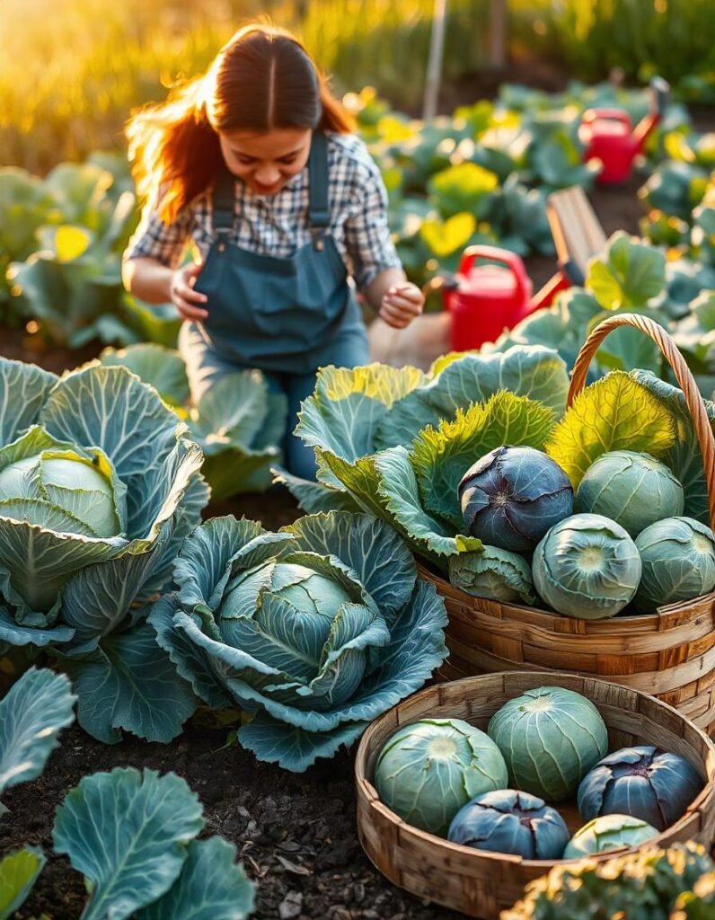 A flourishing garden scene featuring robust cabbage plants with large, leafy heads in various stages of growth. In the foreground, a gardener is inspecting a mature cabbage head, gently lifting its leaves to reveal its size and health. Nearby, a basket holds several freshly harvested cabbages, showcasing their deep green and purplish hues. The garden is surrounded by rich, dark soil, and the scene is bathed in warm sunlight, creating an inviting atmosphere. A few garden tools and a watering can are placed in the background, emphasizing the care and effort put into growing these nutritious vegetables.