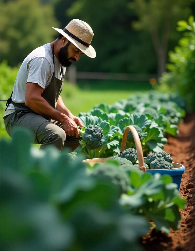 A vibrant garden scene showcasing healthy broccoli plants with large, dark green heads ready for harvest. In the foreground, a gardener is gently cutting a broccoli head from its stem, emphasizing the freshness and quality of the produce. A nearby basket is filled with several freshly picked broccoli heads, showcasing their rich color and texture. The garden is illuminated by bright sunlight, with rich soil and a few leafy greens in the background, creating an inviting and productive atmosphere that highlights the joy of growing and harvesting broccoli.