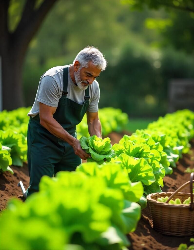 A picturesque garden scene featuring rows of vibrant lettuce plants in various varieties, including crisp romaine and leafy butterhead. In the foreground, a gardener is gently harvesting a head of lettuce, showcasing its fresh, green leaves. A basket nearby is filled with freshly picked lettuce, highlighting the abundance of the harvest. The garden is bathed in soft, dappled sunlight filtering through nearby trees, creating a peaceful and inviting atmosphere. The rich soil and a few scattered garden tools in the background emphasize the care taken in growing these nutritious greens.