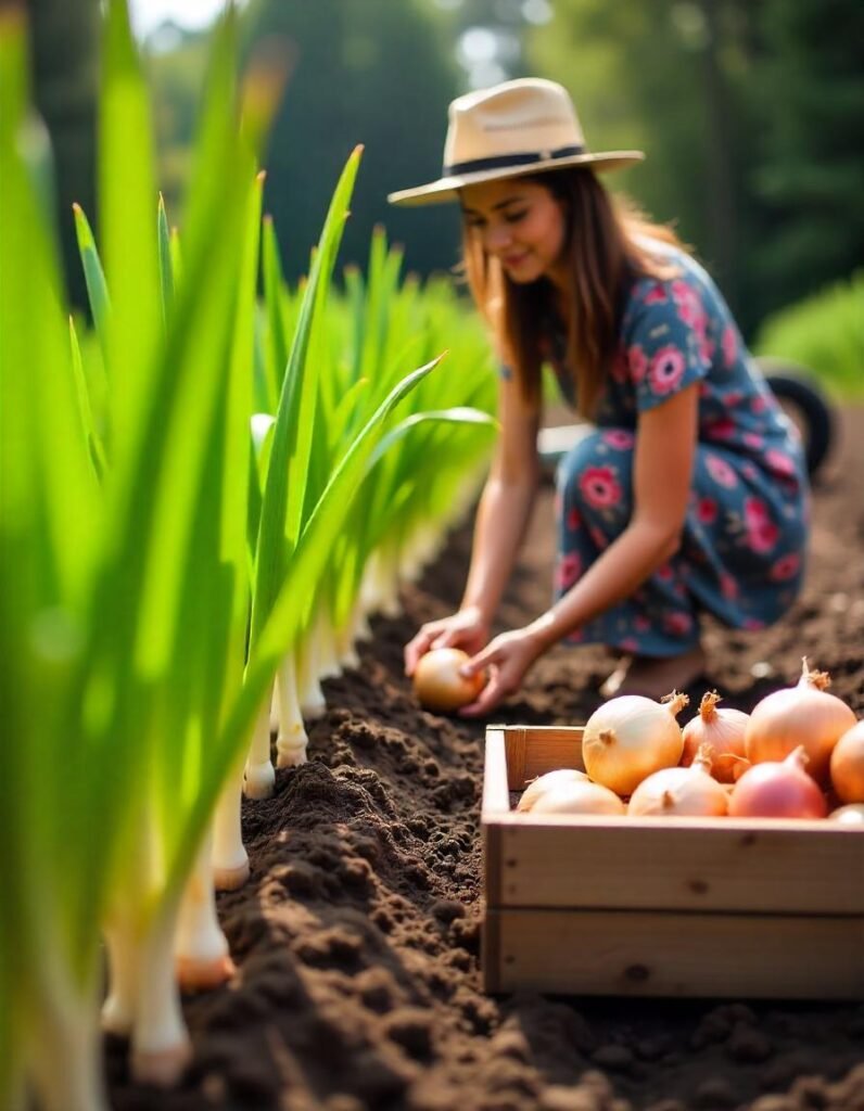 A vibrant garden scene showcasing rows of healthy onion plants with their tall green tops and round bulbs peeking out of the soil. In the foreground, a gardener is gently pulling an onion from the ground, revealing its glossy skin and rich color. Nearby, a basket is filled with freshly harvested onions of various sizes, showcasing their golden, red, and white hues. The garden is bathed in warm sunlight, creating a cheerful and productive atmosphere, with a few garden tools and rich, dark soil in the background, emphasizing the hard work and care involved in growing onions.