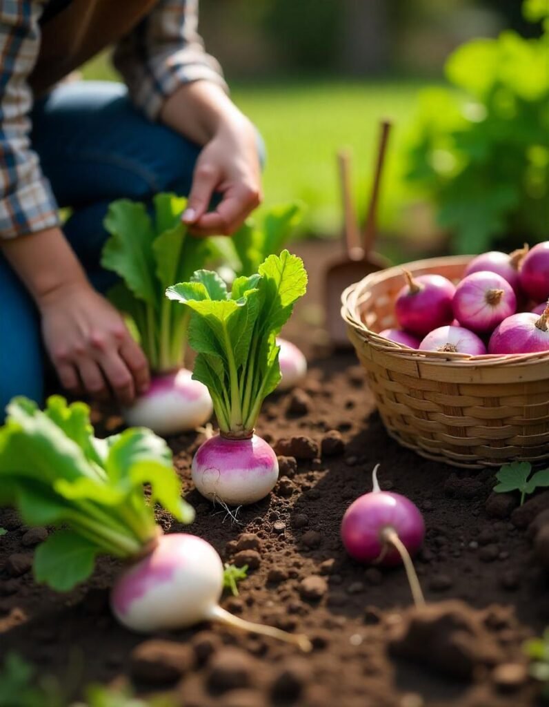 A vibrant garden scene featuring healthy turnip plants with their lush green tops and round, white to purple roots partially visible in the soil. In the foreground, a gardener is kneeling and gently pulling a turnip from the ground, showcasing its smooth surface and rich color. A nearby basket is filled with freshly harvested turnips, emphasizing their varying sizes and hues. The garden is illuminated by bright sunlight, with rich, dark soil and a few scattered garden tools in the background, creating a cheerful and productive atmosphere that celebrates the harvest of turnips.