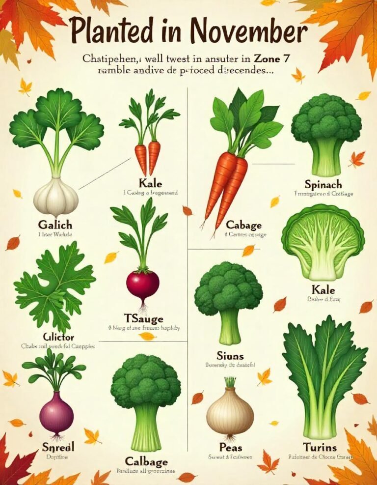 A visually engaging infographic-style layout featuring a variety of vegetables that can be planted in November in Zone 7. The image includes colorful illustrations or photographs of each vegetable, such as garlic, spinach, kale, carrots, radishes, cabbage, broccoli, lettuce, onions, peas, and turnips. Each vegetable is labeled with its name and a small description or icon indicating its planting depth or spacing. The background should reflect a fall garden scene, with autumn leaves and a soft, warm color palette to evoke the cozy atmosphere of late autumn gardening.