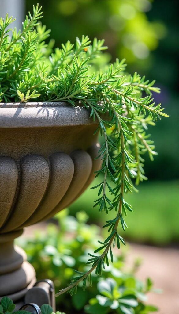 Growing trailing rosemary requires full sun, well-draining soil, and minimal watering, making it ideal for ground cover, hanging baskets, or cascading over walls in Mediterranean-style gardens.