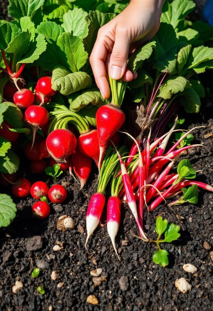 A vibrant garden scene featuring clusters of radish plants with lush green tops and colorful radishes poking out of the soil. The focus is on bright red 'Cherry Belle' radishes and slender, red-and-white 'French Breakfast' radishes. Some radishes are fully grown, ready for harvest, while others are still maturing. The soil is moist and rich, contrasting with the bold colors of the radishes. A pair of hands is gently pulling one from the earth, showcasing the fast-growing nature of this vegetable. The scene is sunny and fresh, emphasizing the quick results of growing radishes.