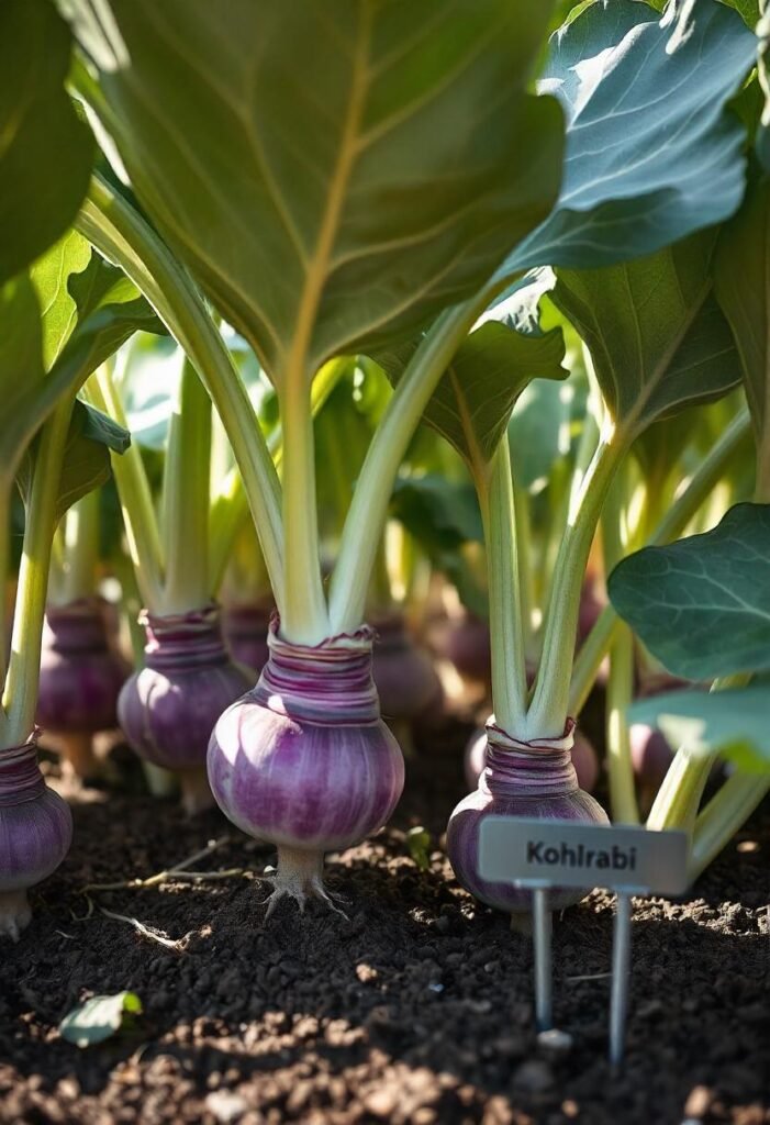 A thriving garden bed filled with healthy kohlrabi plants, showcasing their distinctive bulbous stems and large, leafy tops. The kohlrabi bulbs are a vibrant shade of pale green or purple, emerging just above the soil, with some ready for harvest and others still growing. The leaves are broad and lush, adding to the plant's overall appeal.  Soft sunlight filters through the leaves, highlighting the unique shape and texture of the kohlrabi. A small garden marker is visible, labeled 'Kohlrabi.