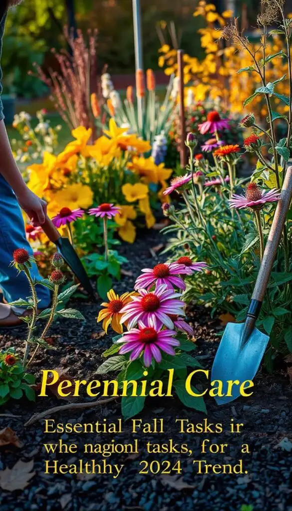 Perennial care involves pruning, dividing, mulching, and fertilizing to maintain healthy growth and encourage vibrant blooms year after year.