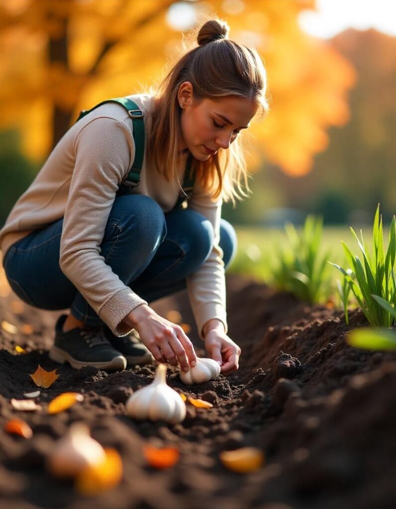 A vibrant garden scene showcasing the process of planting garlic in Zone 7 during November. The foreground features a gardener kneeling in rich soil, planting garlic cloves 2-4 inches deep and 6 inches apart. Hardneck garlic varieties are shown, with a few elephant garlic cloves highlighted to indicate their size. Fresh mulch is being spread around the newly planted cloves to protect them from winter cold. The background features a sunny autumn sky, with colorful fallen leaves adding to the cozy atmosphere. The overall mood is productive and inviting, showcasing the joy of planting garlic.