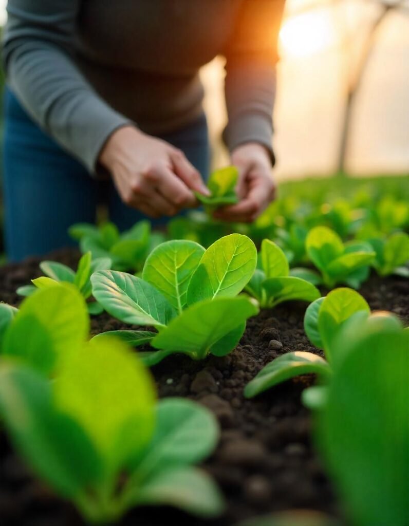 A close-up view of healthy spinach plants growing in a garden bed, showcasing their vibrant green leaves. Some plants are still in the seedling stage, while others are mature and ready for harvest. A hand is gently pulling out a spinach leaf, emphasizing its freshness. In the background, a protective row cover can be seen, hinting at the plant's resilience to cool weather. The scene is bathed in soft sunlight, creating a warm and inviting atmosphere that highlights the beauty and health benefits of spinach.