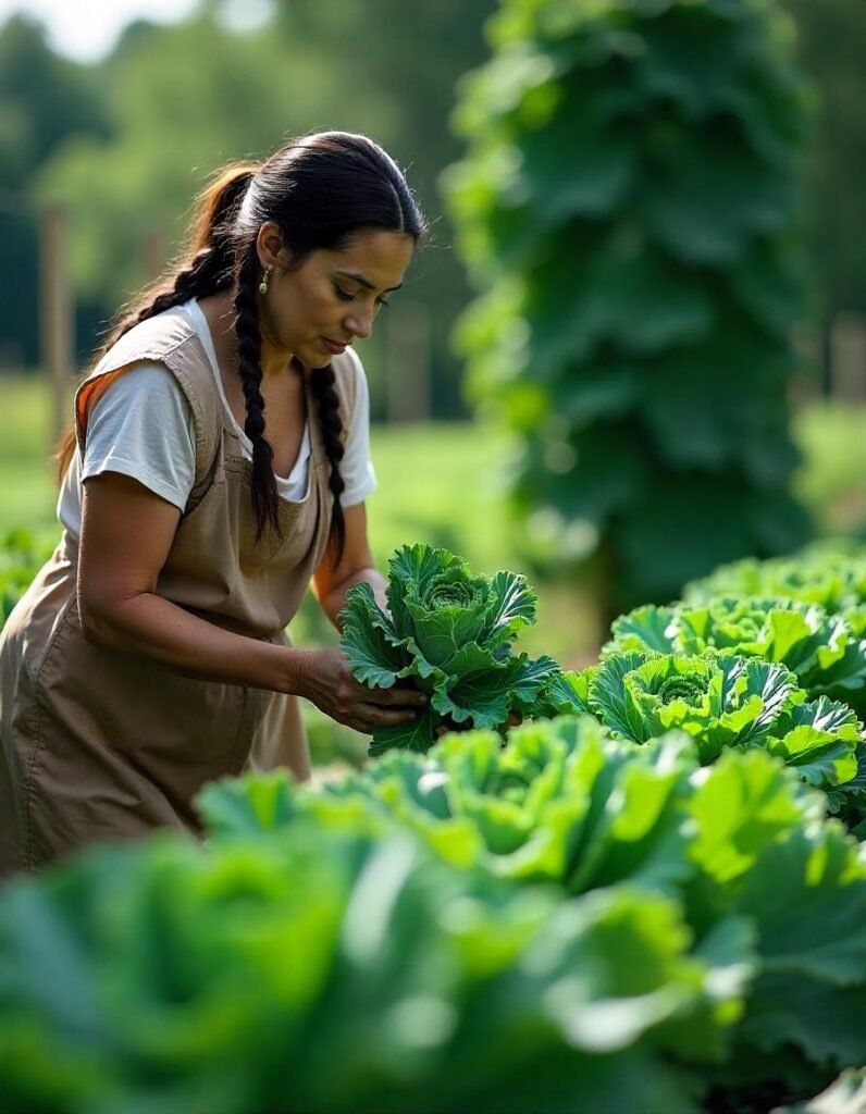 A thriving garden bed filled with lush kale plants, their curly, dark green leaves reaching upward. The texture of the kale leaves is prominently displayed, showing the unique ruffled edges. A gardener's hand is seen harvesting a few leaves, while other mature plants stand tall, ready for picking. In the background, a misty morning or late afternoon sun casts a soft light over the garden, giving a fresh and healthy vibe. The scene should emphasize kale’s hardiness and its ability to thrive in cool weather conditions.