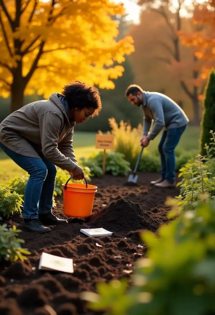 A serene autumn garden scene illustrating the process of soil preparation for spring gardening. In the foreground, a gardener is collecting soil samples from different areas of the garden, using a small trowel and a bucket. Nearby, a soil testing kit and a guidebook are laid out, emphasizing the importance of testing soil health. In another section of the garden, a bed is filled with freshly sown cover crop seeds like winter rye, clover, and vetch, with the gardener lightly raking the soil. The background features vibrant fall foliage, indicating the changing season, while a small sign reads 'Soil Preparation for Spring,' capturing the proactive spirit of preparing for next year's garden. Soft, golden light bathes the scene, creating a warm and inviting atmosphere.