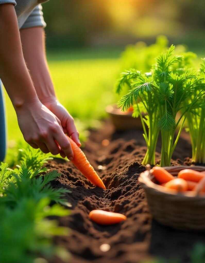 A vibrant garden scene featuring rows of healthy carrot plants with their feathery green tops peeking out of the soil. In the foreground, a gardener is gently pulling a bright orange carrot from the ground, showcasing its vibrant color and freshness. Nearby, a small basket holds several freshly harvested carrots, adding to the abundance of the scene. The garden is bathed in warm, golden sunlight, with rich soil and a few scattered garden tools in the background, creating an inviting atmosphere that highlights the joy of harvesting homegrown carrots.