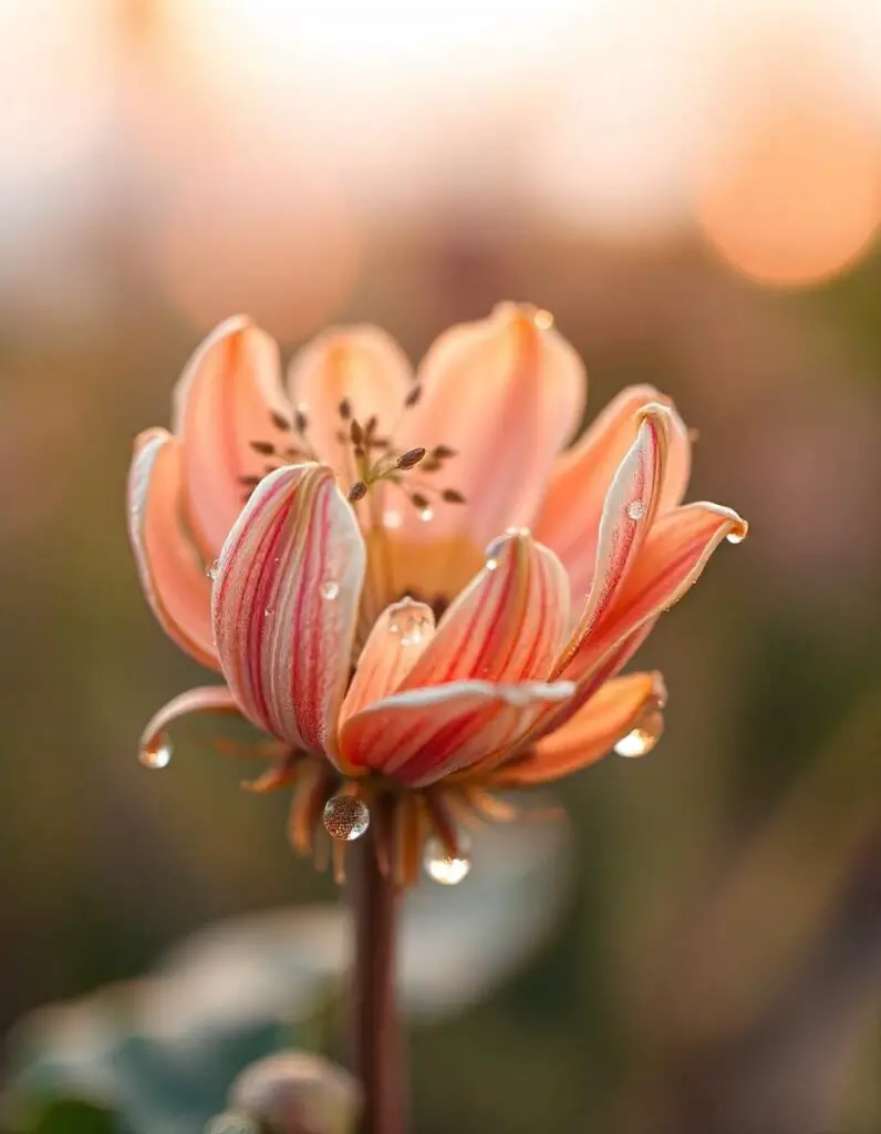 Illustrate a withered flower adorned with glistening droplets of water, resembling tears. The flower, placed in a serene, softly lit setting, should convey a sense of beauty in decay. Surround it with subtle cultural symbols—like faint patterns or icons from different cultures—integrated into the background to reflect the interconnectedness of global traditions. The overall composition should evoke a blend of sorrow, gratitude, reflection, and hope, inviting viewers to contemplate the multifaceted significance of tears across cultures.