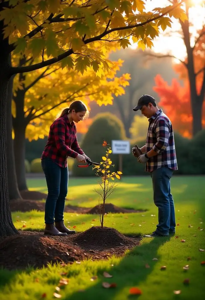 A tranquil late-fall garden scene illustrating the essential tasks of pruning and tree care. In the foreground, a gardener is carefully pruning a deciduous tree, removing dead and damaged branches with pruning shears. Nearby, a small pile of pruned branches indicates the work being done to improve air circulation and tree health. In another part of the garden, young trees are wrapped in protective burlap and secured with stakes, emphasizing the care taken to shield them from winter damage. Mulch is spread around the base of the trees, kept clear of the trunks. The background features colorful autumn foliage, and a small sign reads 'Pruning and Tree Care,' highlighting the importance of these seasonal tasks. Soft sunlight filters through the branches, creating a warm and serene atmosphere.