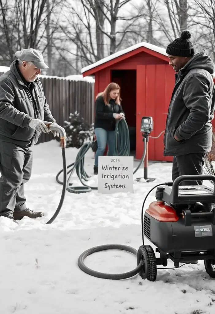 A practical winter scene in a backyard showcasing the steps to winterize irrigation systems. In the foreground, a gardener is turning off the water supply to an outdoor faucet, ensuring the system is properly shut down for winter. Nearby, hoses are being drained and coiled neatly, ready to be stored in a frost-free location, with a cozy shed in the background. A portable air compressor is positioned next to a sprinkler system, indicating the process of blowing out the lines, while a professional nearby offers assistance. The landscape is gently covered with a light dusting of snow, creating a winter atmosphere. A small sign reads 'Winterize Irrigation Systems,' emphasizing the importance of protecting plumbing from freezing temperatures. Soft, muted light enhances the scene's calm and practical feel.