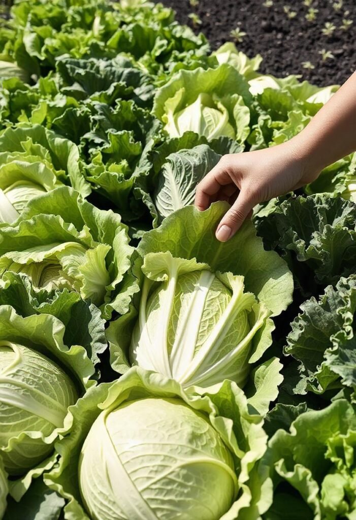 A lush garden bed filled with a variety of fresh, crisp lettuce heads. The vibrant greens range from light, tender butterhead lettuce to deep, textured romaine and frilly leaf lettuce varieties. The leaves are moist with morning dew, and some are ready for harvest. A hand is shown delicately picking a few outer leaves. The background includes rich, dark garden soil, and small lettuce seedlings can be seen in the distance, indicating continuous sowing. The scene is bright and sunlit, showcasing the refreshing and abundant nature of homegrown lettuce.