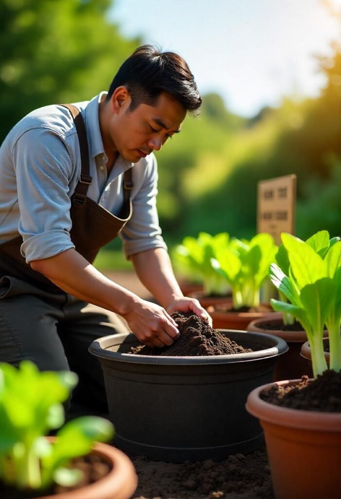 A vibrant gardening scene focusing on the preparation of soil for growing bok choi. In the foreground, a gardener is mixing a high-quality potting mix in a large container, showcasing the rich, dark texture of the soil. Nearby, bags of compost and well-rotted manure are open, indicating they’re being added to the mix for enhanced nutrients. A handful of perlite or vermiculite is seen being incorporated into the soil to improve drainage, ensuring optimal growing conditions. The background features healthy bok choi seedlings in pots, illustrating the successful results of this soil preparation. Soft, natural light illuminates the scene, creating a warm and inviting atmosphere. A small sign reads 'Preparing the Soil for Bok Choi,' highlighting the importance of a nutrient-rich and well-draining mix.