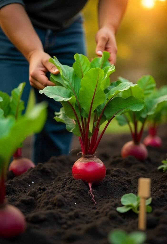 A thriving garden bed filled with beet plants, their deep green, slightly red-veined leaves rising above the soil. Beneath the foliage, round, red beet roots of the 'Early Wonder' variety are starting to emerge from the dark, rich earth. Some fully matured beets are ready for harvest, showcasing their vibrant red color. A gardener’s hand is gently pulling one beet out by the greens, revealing the edible root and leaves. The soft autumn sunlight gives the scene a golden glow, enhancing the fall planting atmosphere. A small garden marker identifies the plant as 'Beets – Early Wonder.