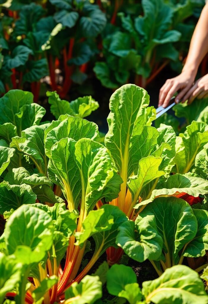 A vibrant garden bed filled with Swiss Chard, showcasing its large, crinkled leaves in a variety of colors, including deep green, bright red, and golden yellow. The sturdy, colorful stems stand tall, creating a striking visual contrast against the rich, dark soil. Some leaves are fully grown and ready for harvest, while others are still young and tender. A gardener is shown gently cutting a few mature leaves, emphasizing the plant's versatility in salads and cooking. The sunlight filters through the leaves, illuminating their textures and colors, while a small garden marker identifies the plant as 'Swiss Chard.