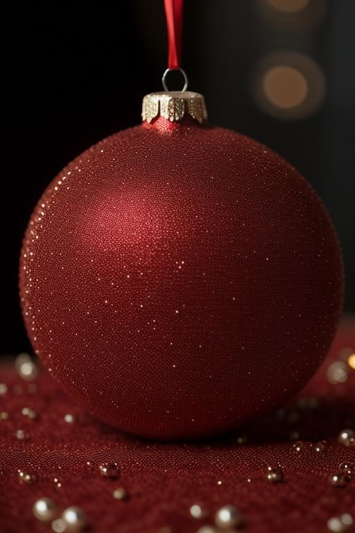  A red beaded Christmas ball ornament resting elegantly on a table, adding festive charm to the holiday decor.
