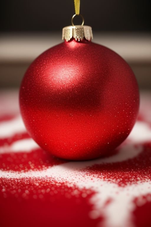 A glittered Red Christmas bauble glimmers against a shiny, reflective background, enhancing the festive atmosphere.