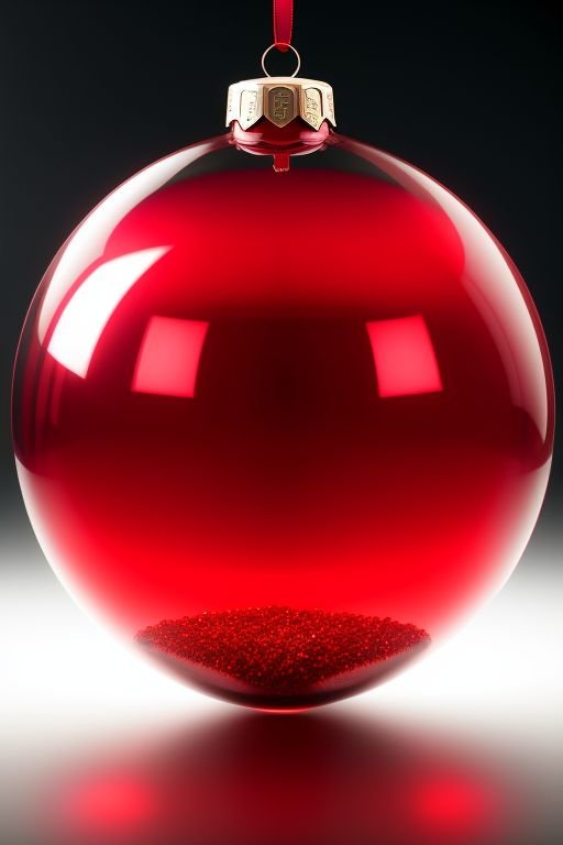 A Red, translucent Christmas ornament dangles from a string, reflecting light in a festive display.