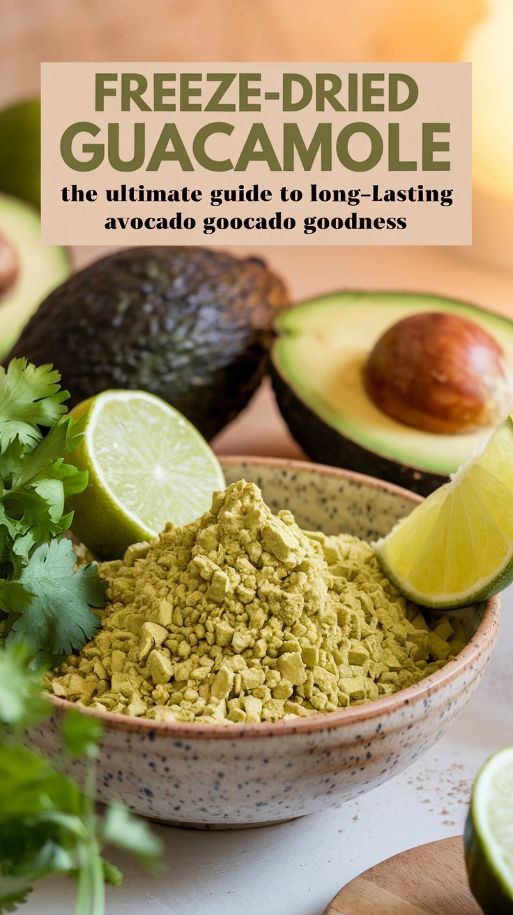 A close-up of vibrant green, freeze-dried guacamole powder in a bowl alongside whole and halved avocados, lime slices, and fresh cilantro for a pop of color. The freeze-dried guacamole has a crisp texture, emphasizing its long-lasting quality, with a soft rustic backdrop to bring out the freshness of the ingredients. A warm, natural light brightens the scene. The text overlay reads 'Freeze-Dried Guacamole: The Ultimate Guide to Long-Lasting Avocado Goodness' in bold, earthy tones, reflecting freshness and quality.