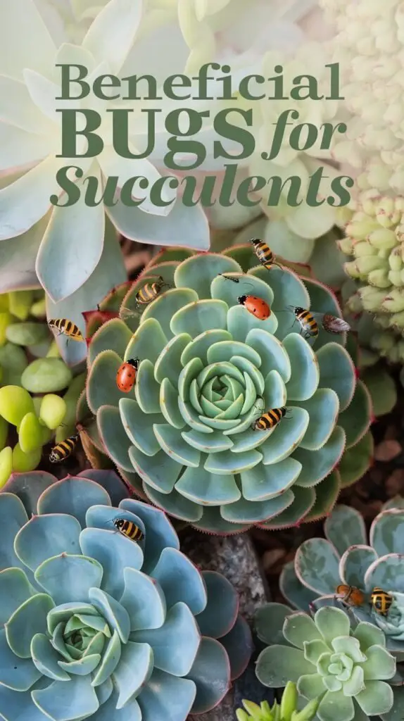 A close-up view of succulents thriving with beneficial insects around them, such as ladybugs, lacewings, Praying Mantises, Parasitic Wasps, Nematodes and tiny predatory mites. The scene highlights the interaction between the vibrant green succulents and their natural allies, emphasizing healthy, pest-free foliage. The background softly fades to focus on the detailed textures of succulent leaves and the small, helpful insects at work. The text overlay reads 'Beneficial Bugs for Succulents' in earthy greens and yellows, blending with the natural garden feel.