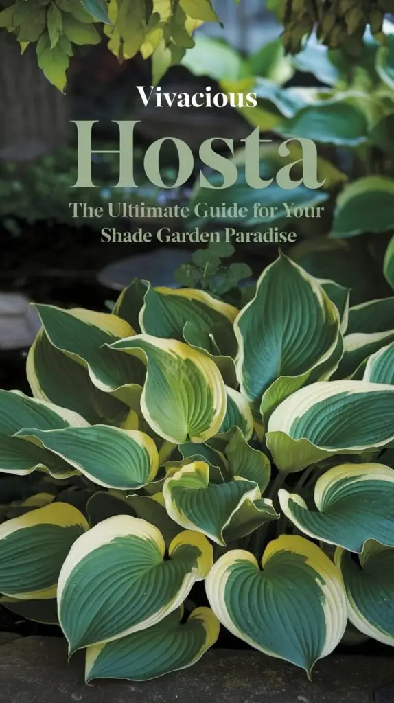 An enchanting garden scene featuring vibrant, lush hosta plants with broad, variegated green leaves, illuminated by gentle dappled shade. The background shows a tranquil shade garden with other greenery, creating a peaceful, cool environment. The hosta leaves are in focus, with textures and colors that highlight their robust, decorative appeal. The text overlay reads 'Vivacious Hosta: The Ultimate Guide for Your Shade Garden Paradise' in soft, leafy greens and whites, enhancing the serene garden atmosphere.