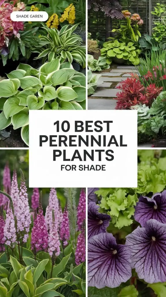 An eye-catching Pinterest pin showcasing a lush shade garden filled with popular perennial plants like Hostas, Astilbe, and Heuchera. The design includes vibrant greenery and colorful blooms arranged in a shaded outdoor setting. A bold, modern title overlay reads, '10 Best Perennial Plants for Shade' Below the title. The overall aesthetic is clean, vibrant, and inviting, with natural tones and an emphasis on elegance to attract garden enthusiasts.