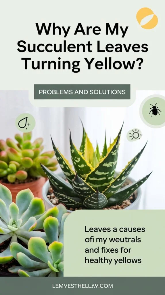 "Create a Pinterest pin for the topic Why Are My Succulent Leaves Turning Yellow: Problems and Solutions. The pin should:

Feature an image of a succulent plant with a few yellowing leaves alongside healthy green ones for visual contrast.
Use a calming color palette with shades of green, yellow, and soft neutrals to evoke a sense of nature and balance.
Include a bold text overlay with the title Why Are My Succulent Leaves Turning Yellow? and a smaller subtitle Learn the Causes and Fixes for Healthy Succulents for added clarity.
Add subtle graphic icons, such as a droplet for overwatering, a sun for light issues, and a bug for pests, to hint at common causes.
Position the text on a clean, blurred background section of the image to maintain readability while keeping the focus on the plant.
Use an inviting and clear font with a modern style to make the pin stand out on Pinterest."