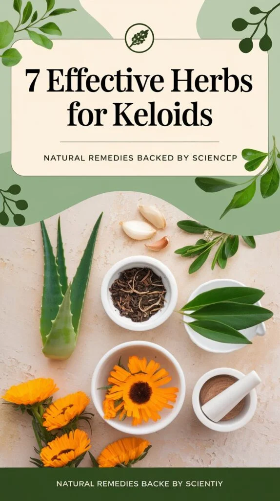 "Design a Pinterest pin featuring the title 7 Effective Herbs for Keloids: A Comprehensive Natural Treatment Guide. The pin should have:

A soothing, natural-themed background with shades of green and beige to evoke calmness and healing.
Images of key herbs like Aloe Vera, Garlic cloves, Green Tea leaves, and Calendula arranged aesthetically, perhaps in small bowls or laid out naturally.
Text overlay in a clean and modern font with the primary focus on 7 Effective Herbs for Keloids.
A secondary tagline underneath: Natural Remedies Backed by Science.
Include a small graphic of a mortar and pestle for a natural, holistic touch.
A simple, clear layout optimized for readability on mobile devices."