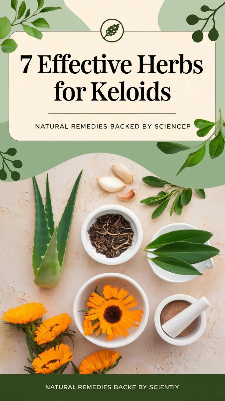 "Design a Pinterest pin featuring the title 7 Effective Herbs for Keloids: A Comprehensive Natural Treatment Guide. The pin should have: A soothing, natural-themed background with shades of green and beige to evoke calmness and healing. Images of key herbs like Aloe Vera, Garlic cloves, Green Tea leaves, and Calendula arranged aesthetically, perhaps in small bowls or laid out naturally. Text overlay in a clean and modern font with the primary focus on 7 Effective Herbs for Keloids. A secondary tagline underneath: Natural Remedies Backed by Science. Include a small graphic of a mortar and pestle for a natural, holistic touch. A simple, clear layout optimized for readability on mobile devices."