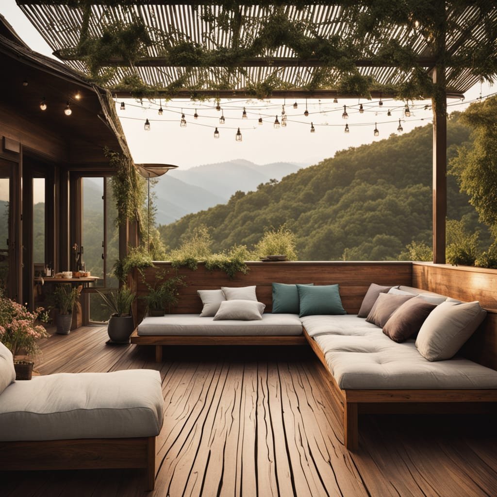 A multi-level deck built into a slope, with a cozy seating area on one level and a dining table on another. String lights are hung overhead, creating a warm, inviting atmosphere. backyard landscaping