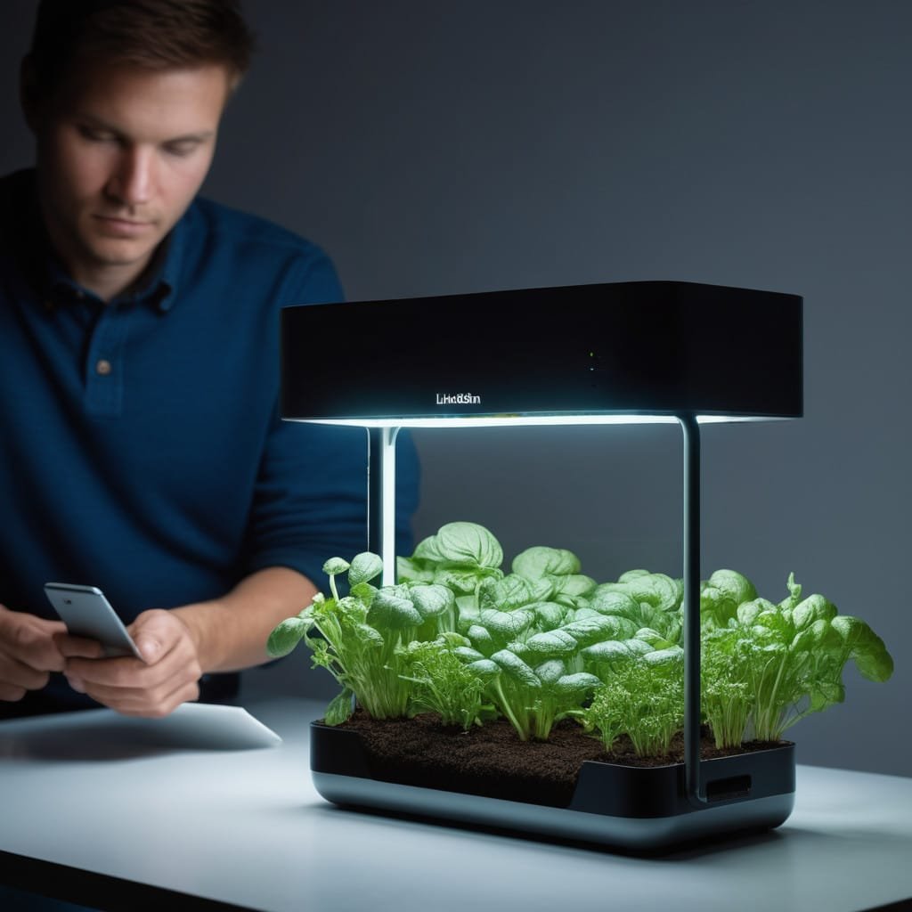 A sleek indoor smart gardening system with herbs and vegetables growing under controlled LED grow lights. The system includes an AI-powered app interface visible on a tablet nearby. Modern indoor setting.